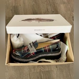 Never worn, still in box, Jessica Simpson plaid and rhinestone loafers.